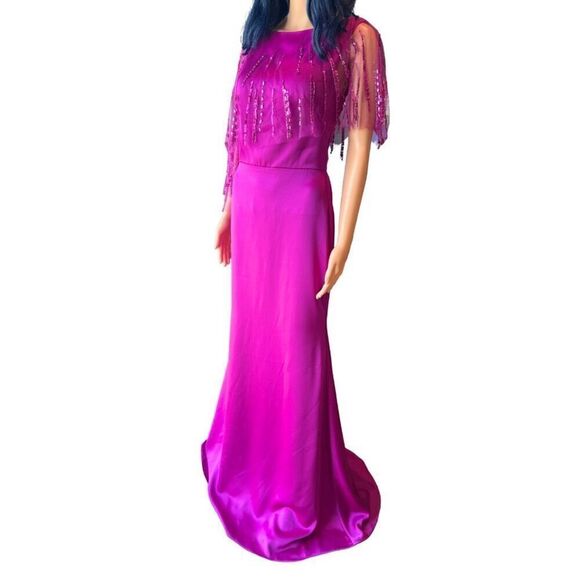 Theia Satin Sequin Cape Gown Sample 4 Magenta Pink Mother of Bride Formal - Picture 3 of 8